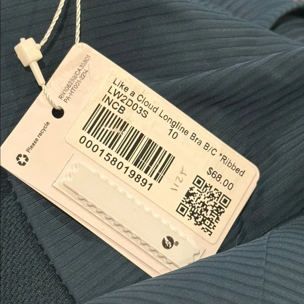Lululemon Like‎ a Cloud Ribbed Longline Bra size 10 B/C Cup NWT Indochine Blue